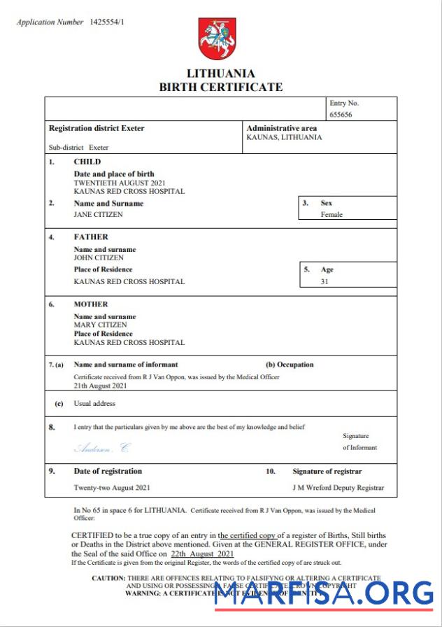 Downloadable Lithuania birth certificate Word and PDF template